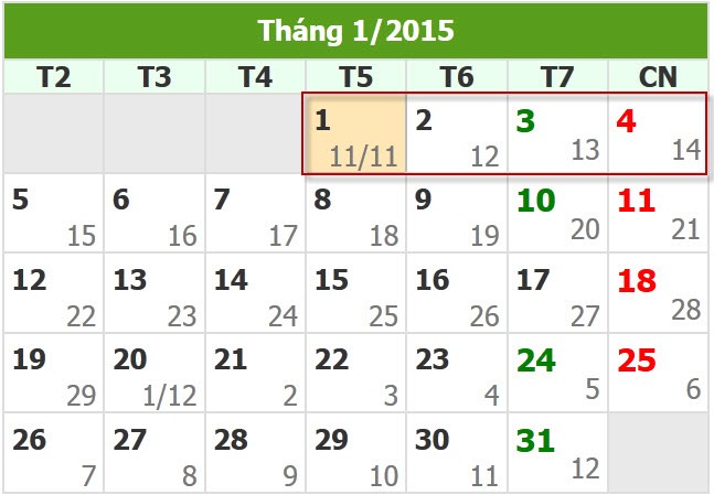 Thông báo lịch nghỉ Tết Dương lịch 2015